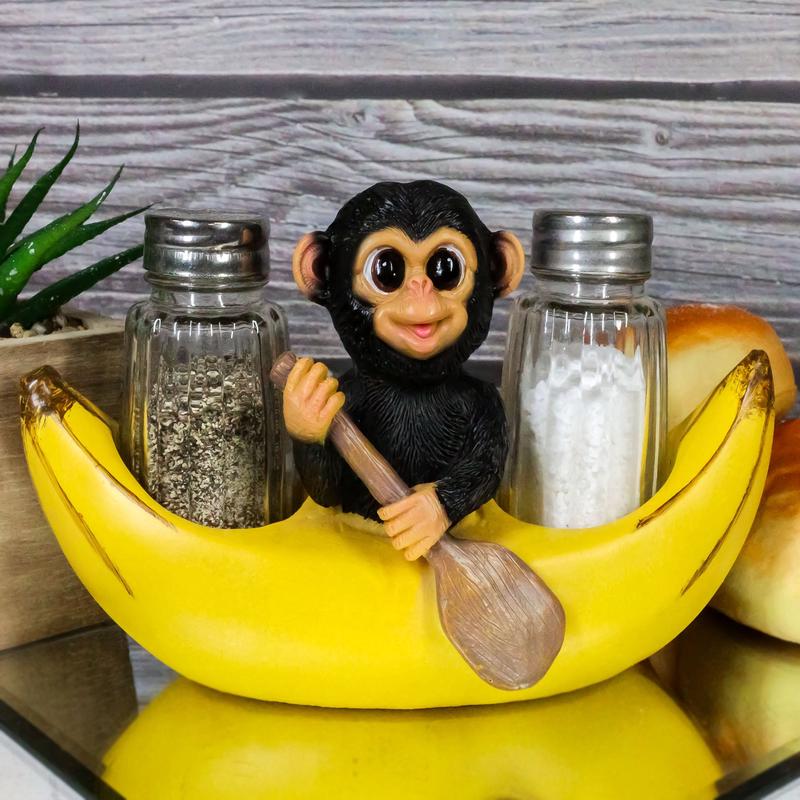 Ebros Gift Baby Monkey Rowing In Banana Boat Salt & Pepper Shakers Holder Figurine Set