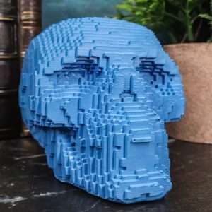 Ebros Gift Blue 3D Pixel Skull Figurine 5"L Cubic Voxel Gamer Skull Skeleton Sculpture