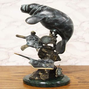 Ebros Gift Brass Metal Nautical Manatee Sea Cow with Turtle Stingray and Fishes Statue