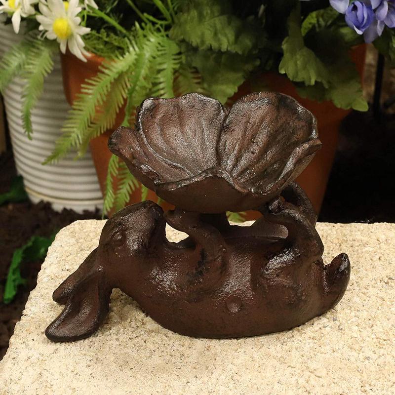 Ebros Gift Cast Iron Whimsical Bunny Rabbit Suspending Flower Petals Dish Bowl Garden Bird Bath Feeder Decor Statue 7.25" Long for Pool Patio Lawn Outdoors Decorative Accent
