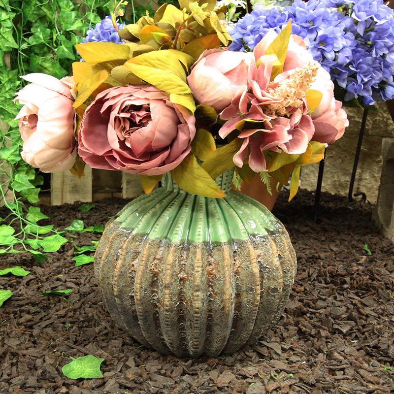 Ebros Gift Ceramic Dolomite Contemporary Golden Barrel Cactus Floral Vase with Ribbed Textured Surface As Mantelpiece Countertop Bar Table Decorative Accent Sculpture Cacti Shaped (7" H Small)