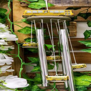 Ebros Gift Decorative North American Yellow School Bus Model Resonant Relaxing Wind Chime Patio Garden Accent of Buses Child Day Care Transportation Education Theme