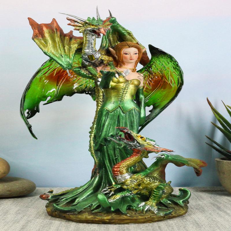 Ebros Gift Emerald Elf Fairy With 2 Green Guardian Dragons Figurine 9"H