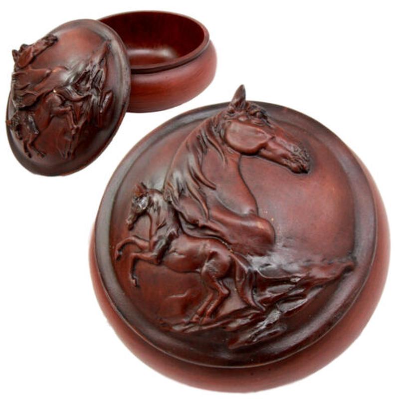 Ebros Gift Faux Wood Resin Wildlife Stallion Horse Galloping Rounded Jewelry Trinket Decorative Box Figurine 4.5" D As Rustic Decor Accessory Storage Sculptural Art for Ranch Or Farm Lovers