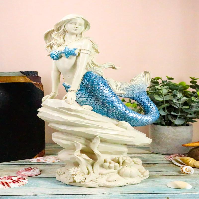 Ebros Ocean Aqua Blue Tailed Mermaid Sitting On Sea Rock Figurine 11.5"H
