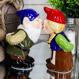 Kissing Mr & Mrs Gnome Couple Magnetic Salt Pepper Shakers Ceramic Figurine Set