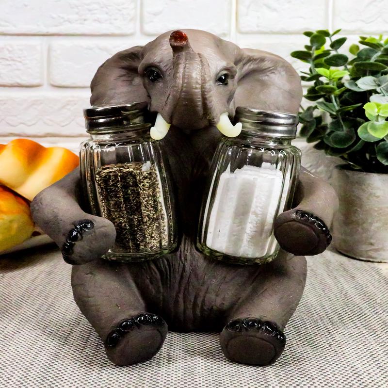 Ebros African Bush Elephant Glass Salt & Pepper Shakers Holder Decor 7" H