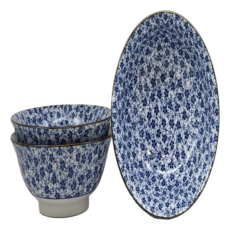 Ebros Gift Blue And White Ming Style Floral Petals Ceramic Bowls Pack Of 3 Ramen Pho Soup Bowl Set 32oz 8"Diameter Made In Japan