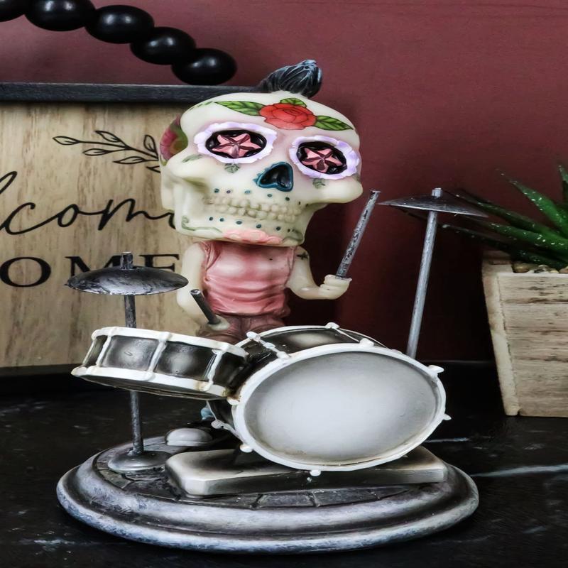 Ebros Gift Day of The Dead Tattoo Skeleton Rock Drummer Bobblehead Figurine 6.5" L Halloween Statue Decor
