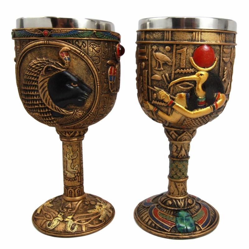 Ebros Gift Egyptian God Thoth & Goddess Sekhmet Falcon Chalice Set Goblet Statue Figurine