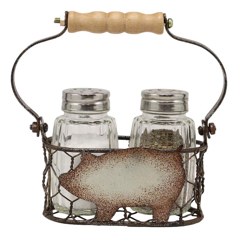 Ebros Gift Galvanized Metal Rustic Vintage Farm Milk Basket Crate With Swine Pig Design Salt And Pepper Shakers Display Holder Set 5.25"High