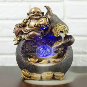 Ebros Gift Happy Fortune Buddha Backflow LED Incense Burner 6.75"H
