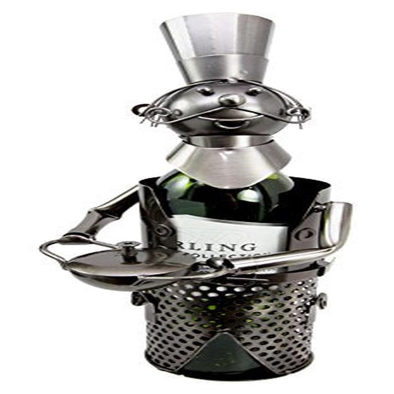 Ebros Gift Head Iron Chef With Wok Pot Hand Made Metal Wine Bottle Holder Caddy Decor Figurine 14.5"H