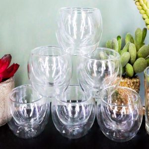 Ebros Gift Heat Thermal Resistant Double Wall Insulated Glass Sake or Tea Cup Set of 6 Cups Glasses Drinks Kitchen Decor (Small 2.5"Diameter 2oz)