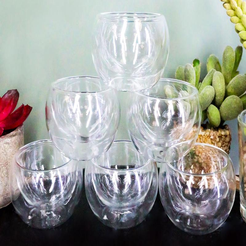 Ebros Gift Heat Thermal Resistant Double Wall Insulated Glass Sake or Tea Cup Set of 6 Cups Glasses Drinks Kitchen Decor (Small 2.5"Diameter 2oz)