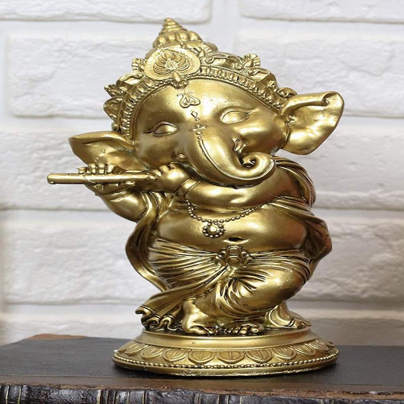 Ebros Hindu Elephant God Ritual Dancing Ganesha Playing Flute Golden Statue 6"H