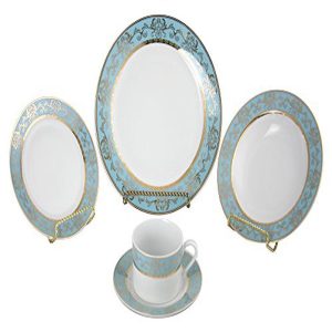 Ebros Gift French Floral Royal Bouquet Pattern in Blue And Gold Color 40 Piece Luxury Dinnerware Set Service For 8 Guests