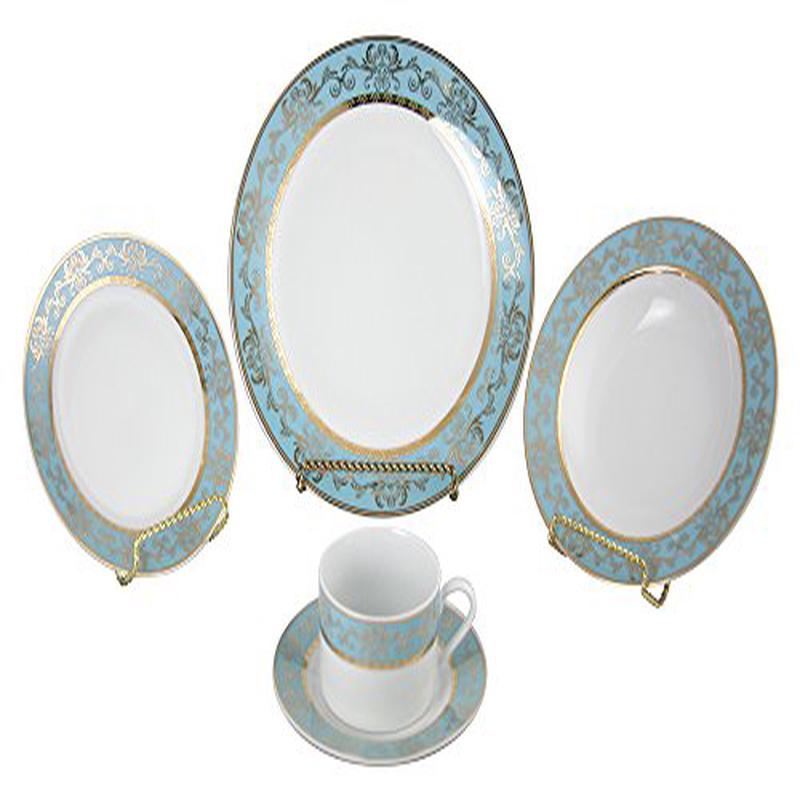 Ebros Gift French Floral Royal Bouquet Pattern in Blue And Gold Color 40 Piece Luxury Dinnerware Set Service For 8 Guests