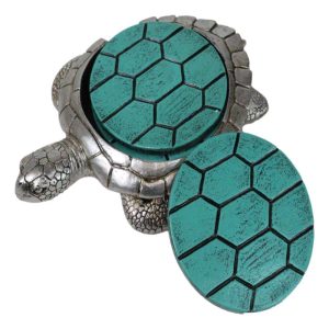 Marine Faux Antiqued Silver Sea Turtle With Turquoise Shell Round Coaster Set