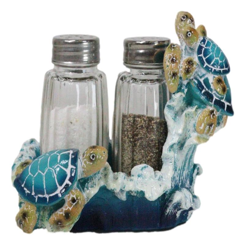 Nautical Marine Reef Sea Turtles Over Waves Salt And Pepper Shakers Holder Set