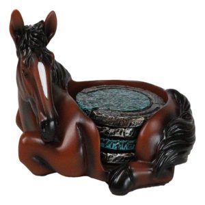 Rustic Western Brown Chestnut Horse Coaster Holder with Horseshoe Coasters Set