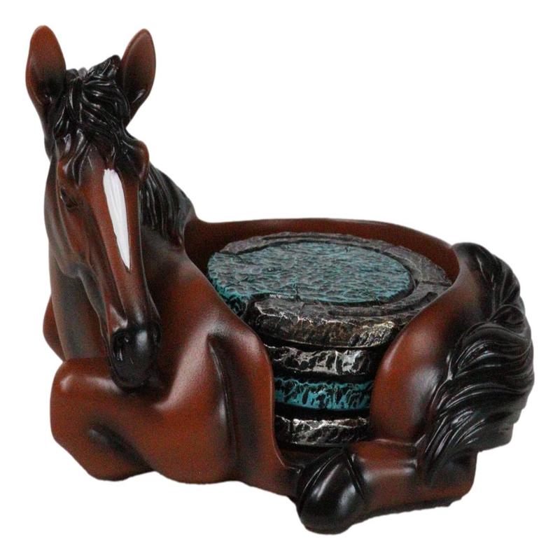 Rustic Western Brown Chestnut Horse Coaster Holder with Horseshoe Coasters Set