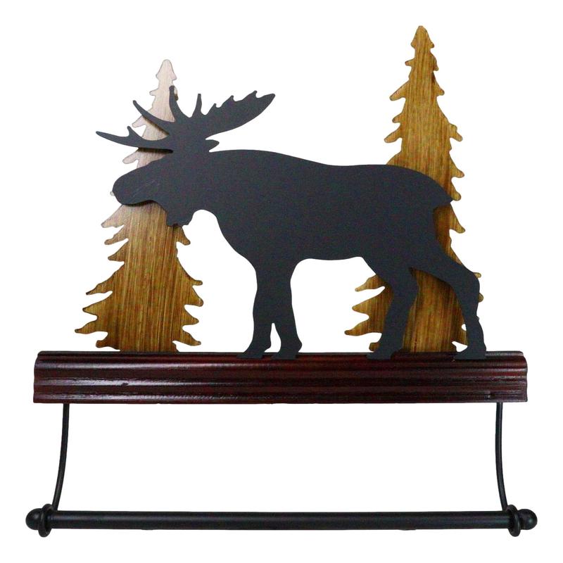 Rustic Western Elk Moose Deer by Pine Forest Wooden Wall Hand Towel Holder Bar