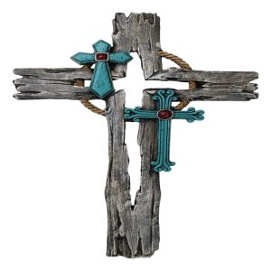 Rustic Western Faux Distressed Wood Rope Wreath Turquoise Layered Wall Cross