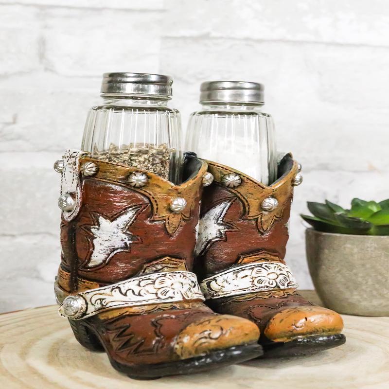 Rustic Western Silver Conchos Cowboy Boots With Spur Salt Pepper Shakers Holder