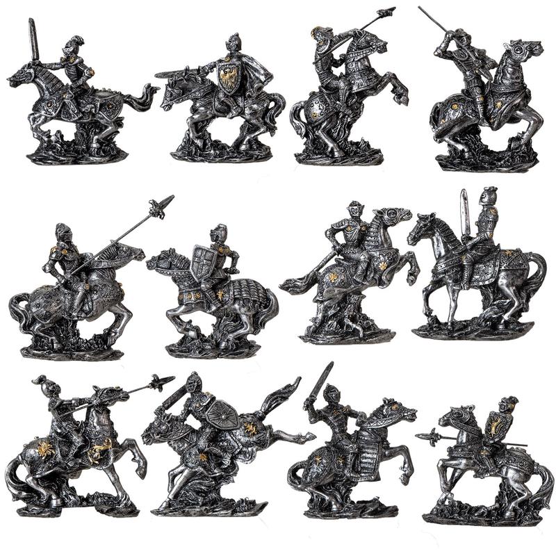 Set of 12 Medieval Armored Cavalry Horse Knights in Suit of Armor Figurines