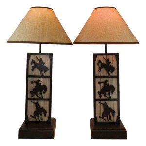 Set of 2 Rustic Western Cowboy On Giddy Up Horse Wood Metal Bedside Table Lamps