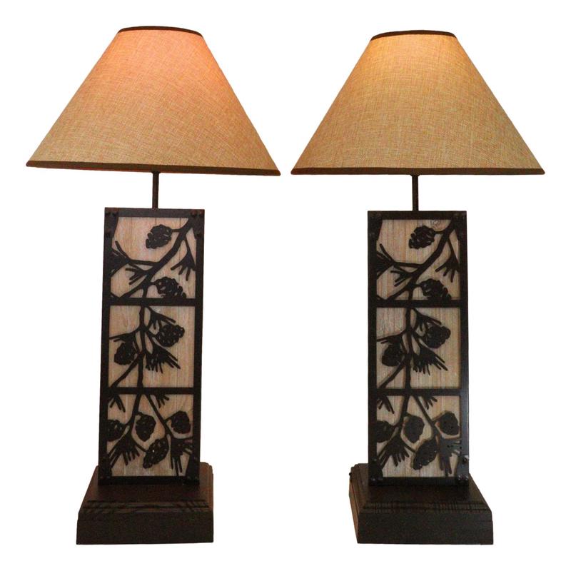 Set of 2 Rustic Western Pinecone On Branches Wood Metal Bedside Table Lamps