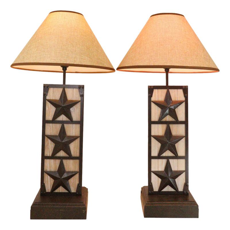 Set of 2 Rustic Western Triple Lone Stars Wood And Metal Bedside Table Lamps