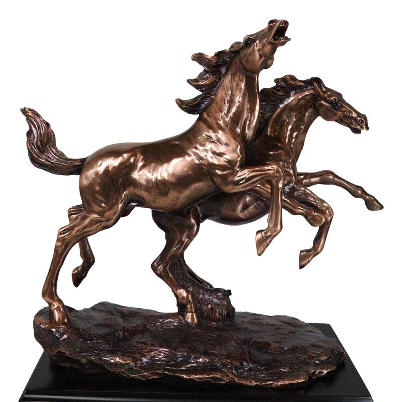 Two Galloping Horses On Grasslands Bronze Electroplated Figurine With Base 15"L