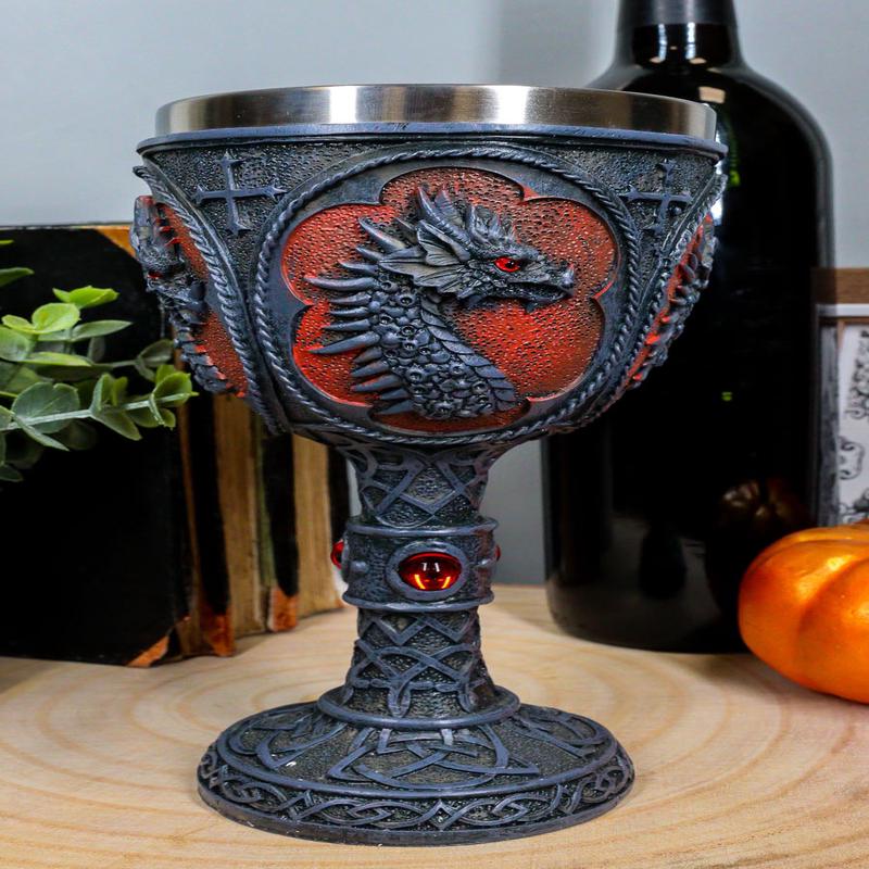 Ebros Celtic Knotwork Tattoo Dragon Wine Drink Chalice Figurine 8oz W/ Red Gems