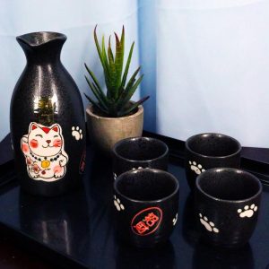 Ebros Gift Japanese Maneki Neko Lucky Charm Cat Glazed Ceramic Black Sake Set Flask With Four Cups Great Asian Living Home Decor and Gift For Housewarming Special Friendship Eastern Decorative Party S