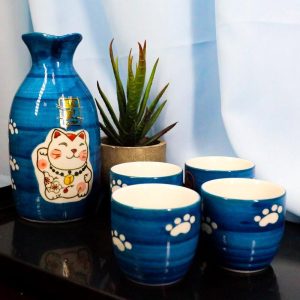 Ebros Gift Japanese Maneki Neko Lucky Charm Cat Glazed Ceramic Blue Sake Set Flask With Four Cups Great Asian Living Home Decor and Gift For Housewarming Special Friendship Eastern Decorative Party Se