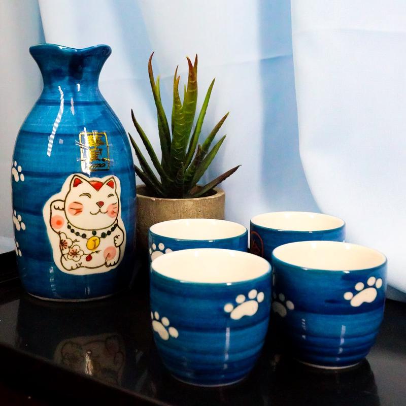 Ebros Gift Japanese Maneki Neko Lucky Charm Cat Glazed Ceramic Blue Sake Set Flask With Four Cups Great Asian Living Home Decor and Gift For Housewarming Special Friendship Eastern Decorative Party Se