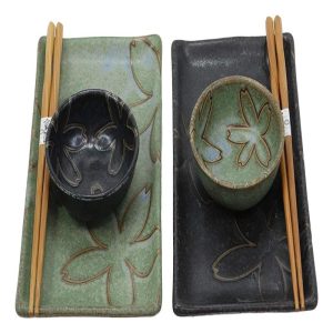 Ebros Gift Japanese Sakura Cherry Blossom Porcelain Sushi Dinnerware 6 Piece Set 2 Each Of Dinner Plates Dipping Soy Sauce Bowls And Bamboo Chopsticks Pair Gift Ideas (Matcha Green And Black Pair)