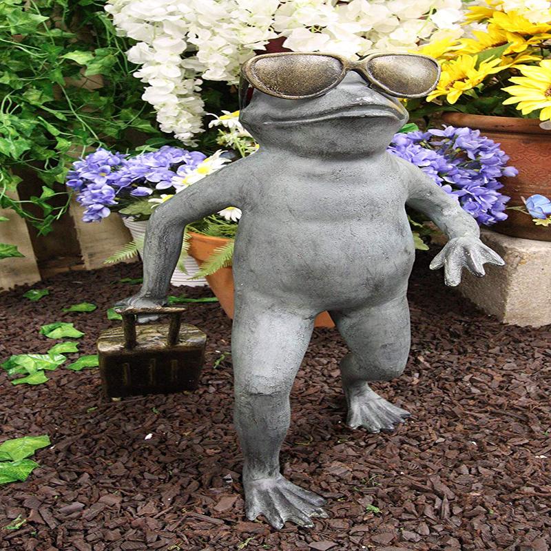 Ebros Gift Large Cast Aluminum Metal Whimsical Airport Travel Frog with Shades and Carry On Suitcase Garden Statue 21.25" Tall Pond Frogs Patio Pool Lawn Decorative Sculpture