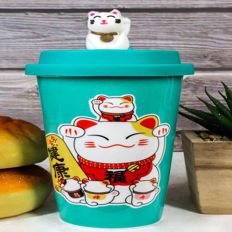Ebros Gift Lucky Cat Maneki Neko Ceramic Tall Drink Mug Cup With Silicone Lid (Green)