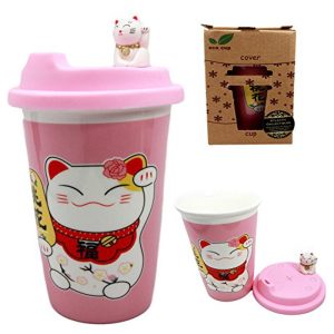 Ebros Gift Lucky Cat Maneki Neko Ceramic Tall Drink Mug Cup With Silicone Lid (Pink)
