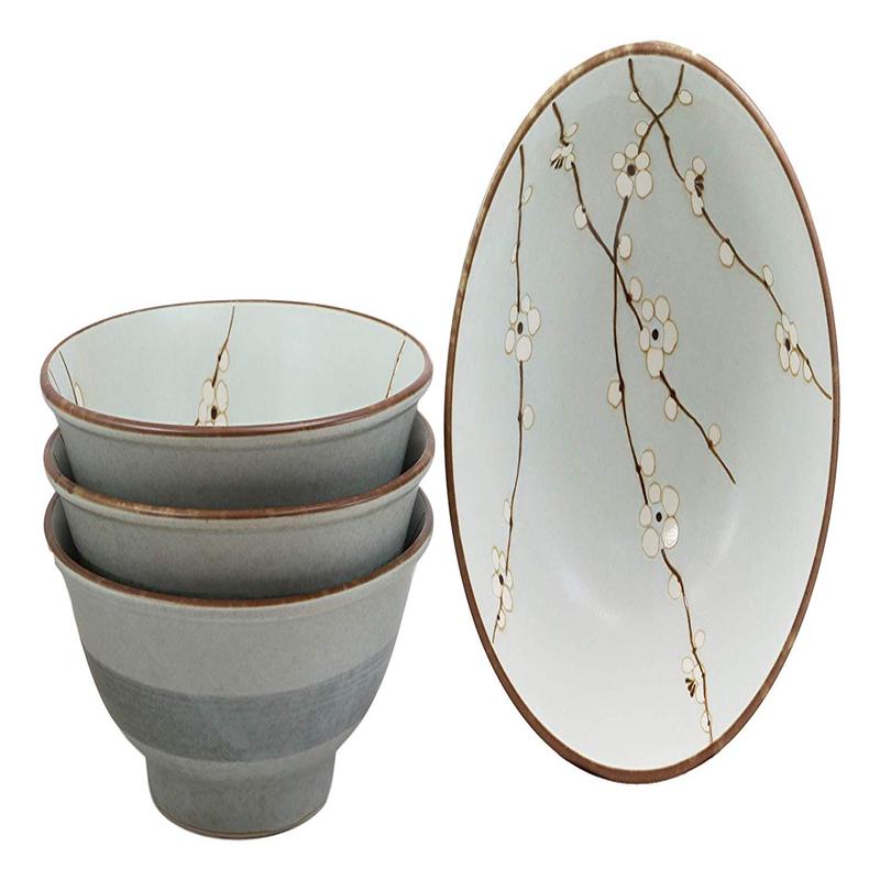 Ebros Gift Made In Japan 8.5" Dia Light Blue Plum Set of 4 Bowls With Sakura Cherry Blossoms Design 42 oz Ramen Pho Noodles Soup Serving Bowl Kitchen Dining