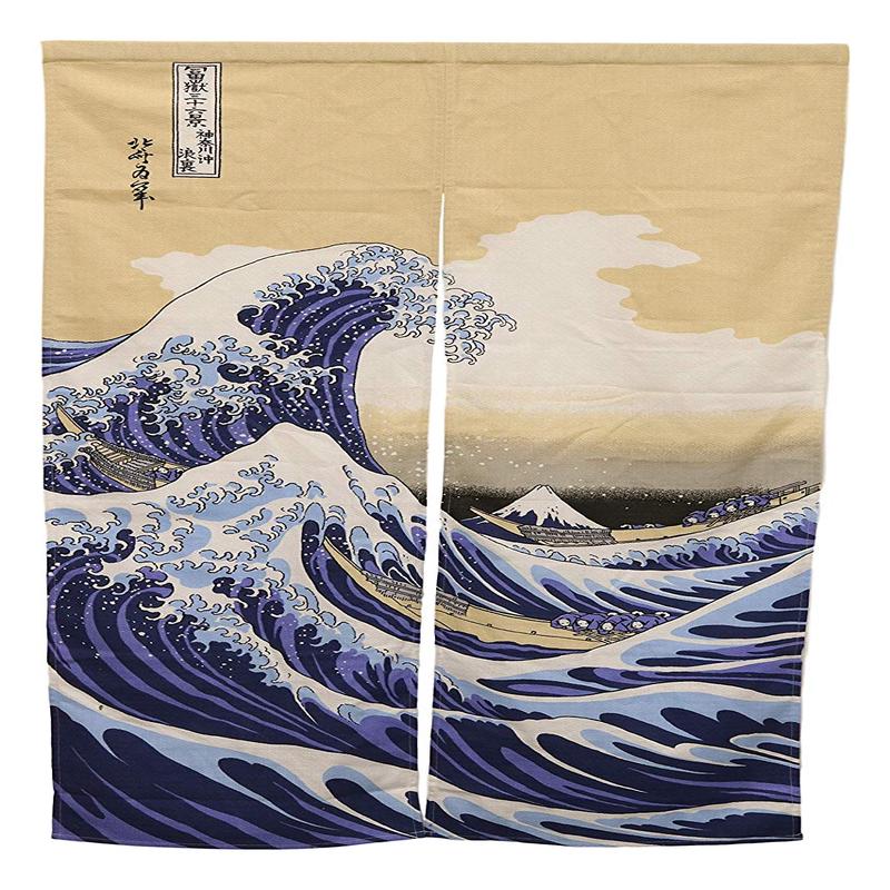 Ebros Gift Made in Japan Japanese Style Uncut Noren Doorway Curtain Tapestry Standard 59.25" Long 33.5" Wide Home Room Divider Decor Curtains (The Great Wave Off Kanagawa Beige)