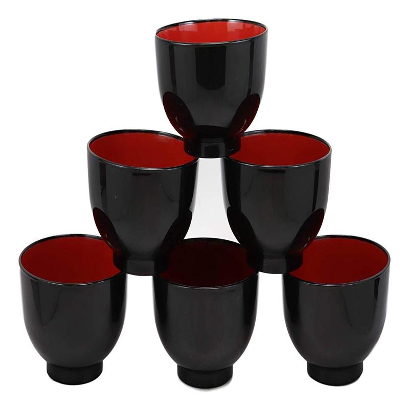 Ebros Japanese Black Red Lacquer Copolymer Plastic Rice Bowl Wood Grain Pattern Set 6