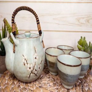 Ebros Japanese Sakura Pastel Blue Plum Cherry Blossom Porcelain Tea Pot And 4 Cups Set