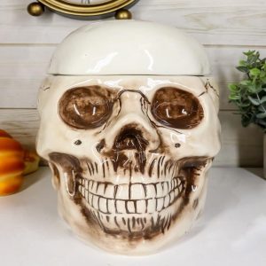 Ebros Large Ceramic Homosapien Jointed Human Skull Cookie Jar Figurine 9.25" L