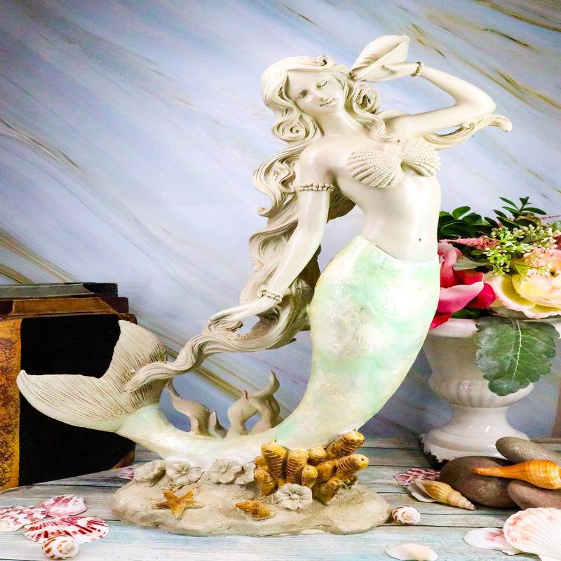 Ebros Large Ocean Turquoise Mermaid Listening To Sconce Shell Figurine 17.5"H