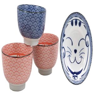 Ebros Made In Japan Auspicious Lucky Meow Cat Maneki Neko 5"D Porcelain Bowls Set Of 4