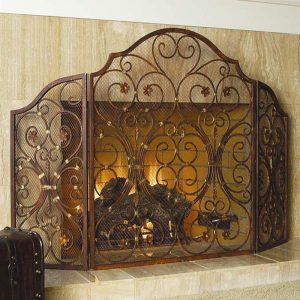 Large 53"W Iron Rustic Vintage Victorian Floral Lace 3 Panel Fireplace Screen